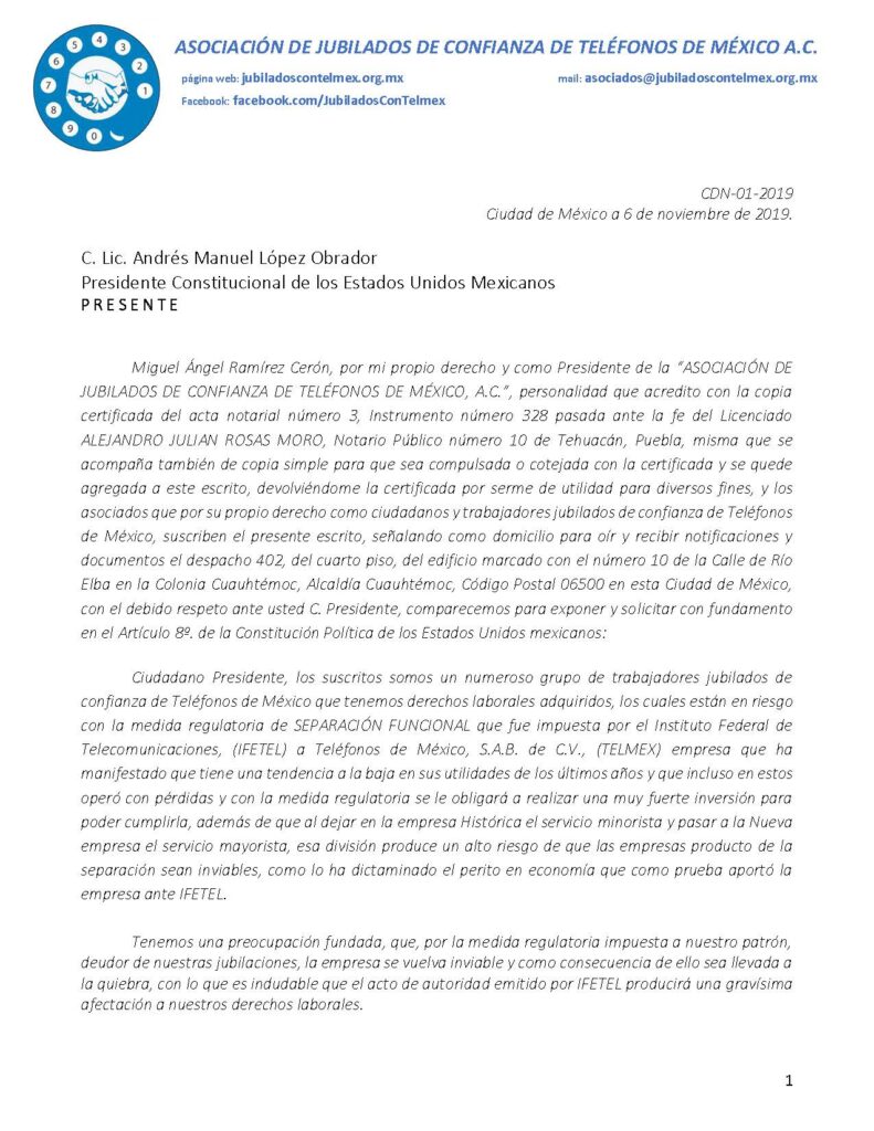 Carta al Presidente de la República – Asociación de Jubilados de Confianza  de Teléfonos de México .