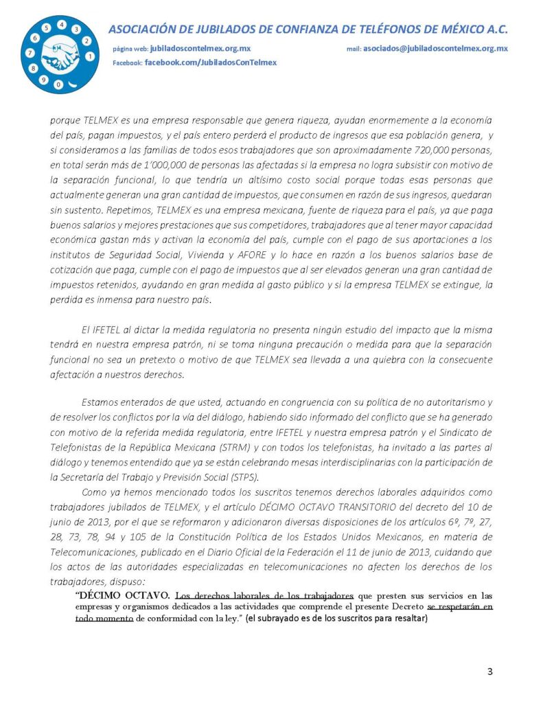 Carta al Presidente de la República – Asociación de Jubilados de Confianza  de Teléfonos de México .