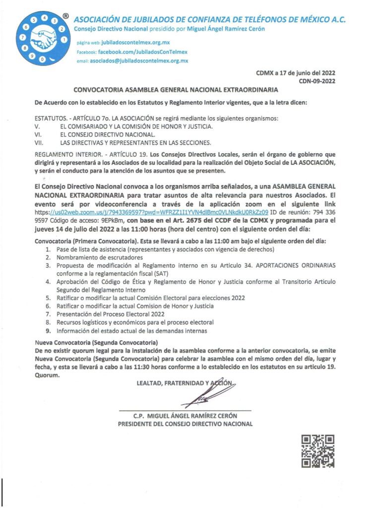 Convocatoria asamblea general nacional extraordinaria
